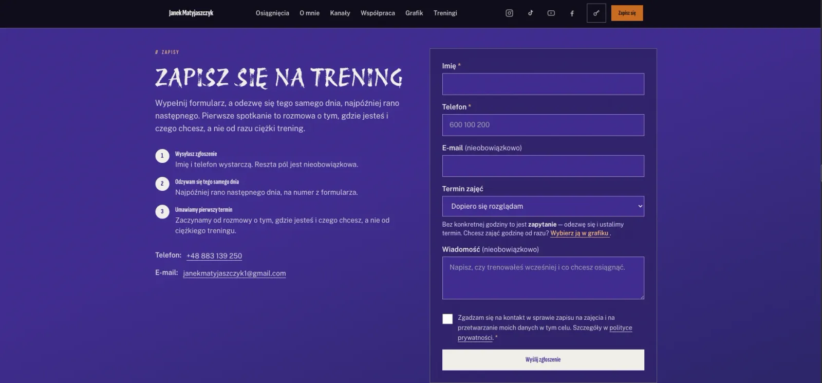 Formularz „Zapisz się na trening”: imię i telefon jako jedyne pola obowiązkowe, lista terminów rozwinięta na pozycji „Dopiero się rozglądam” z wyjaśnieniem, że bez konkretnej godziny to zapytanie, oraz zaznaczalna zgoda na kontakt.